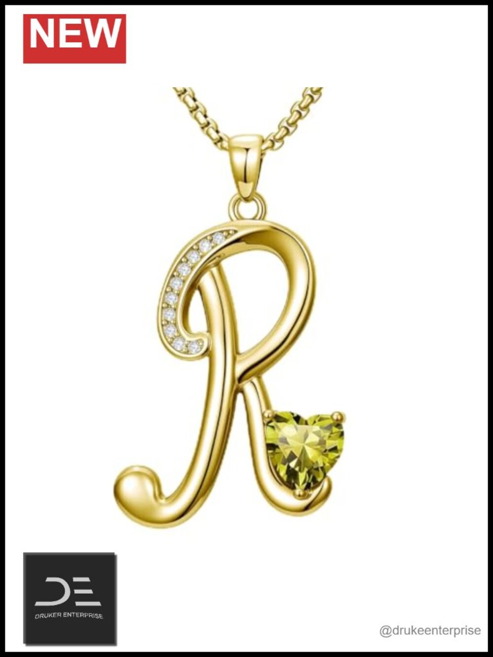 18k Gold Plated Initial R Pendant Necklace with Green Birthstone for Women
